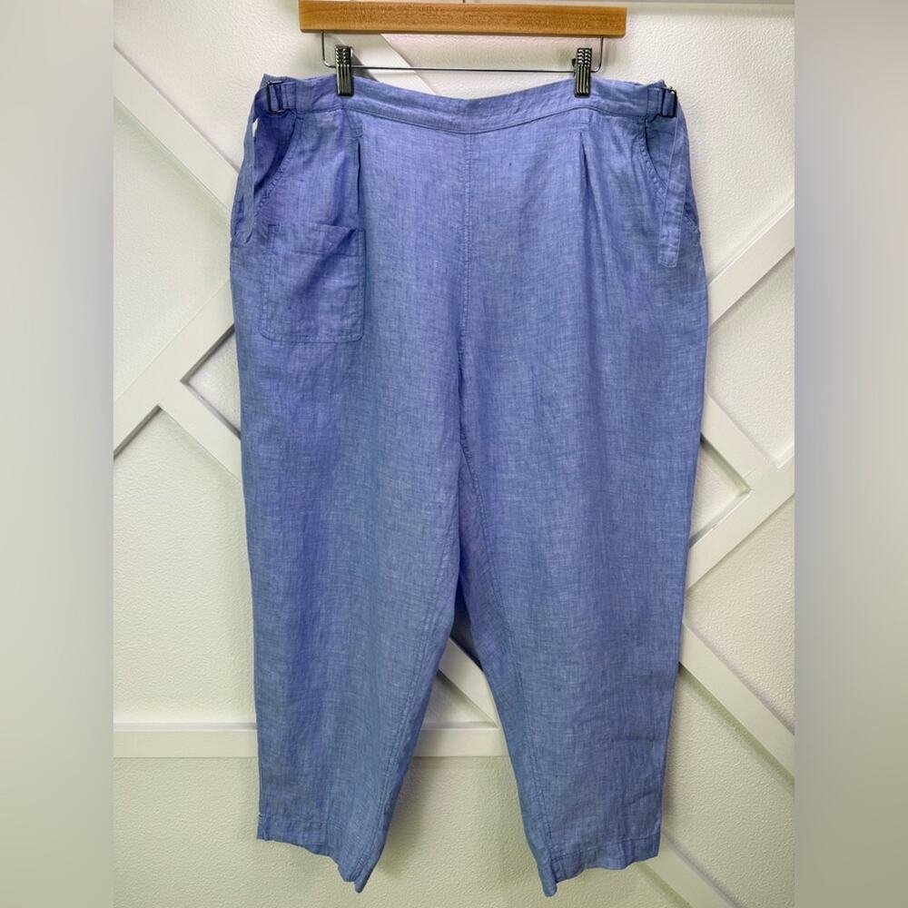 Poetry Blue Linen Cropped Pants Elastic Waist Adjustable Side Buckle Size 16
